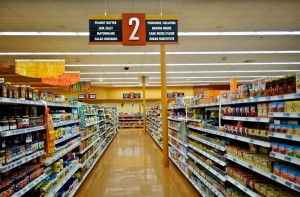 Supermarket shelves, showing processed foods